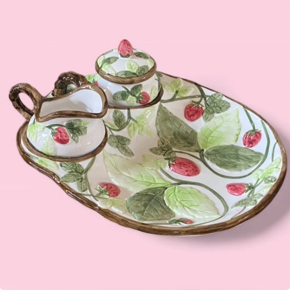 Tuscany Strawberry Ceramic Serving Tray Sugar Creamer Set Coffee Tea Server